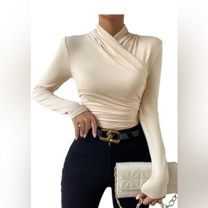 SweatyRocks Women's Ruched Mock Neck Long Sleeve T Shirt Apricot Size XL (0669)